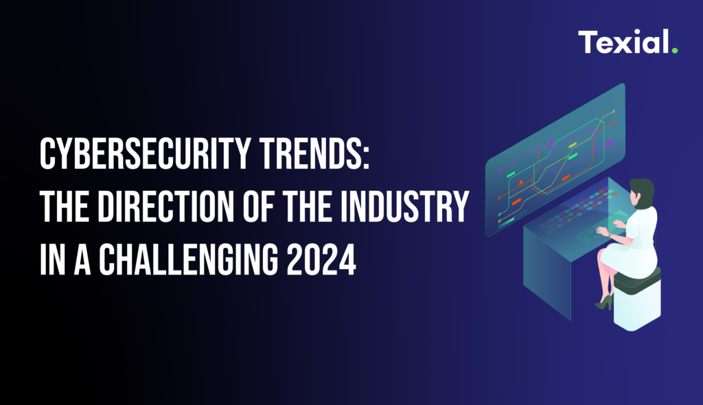 Cybersecurity Trends 2024 with a shield and lock icon representing emerging security threats and solutions.